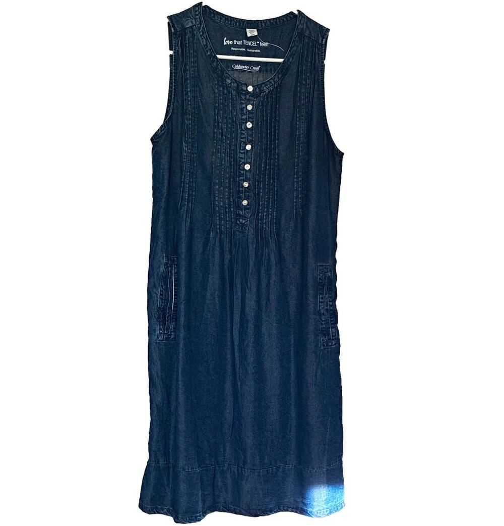 Coldwater Creek Blue Chambray Lyocell Sleeveless Shift Midi Dress Pockets S/P/CH